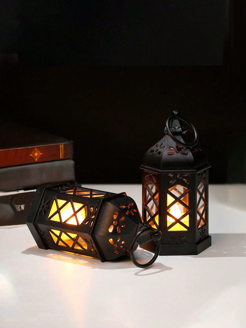 2 فانوس رمضان مزخرف مع شمعة إلكترونية LED – ديكور رمضاني بإضاءة دافئة - 2 قطعة - Image 1